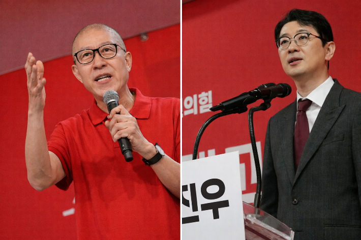 국민의힘 부산시장 후보 경선을 앞 두고 세 결집에 나선 국민의힘 박형준 부산시장(왼쪽)과 주진우 국회의원. 각 캠프 제공
