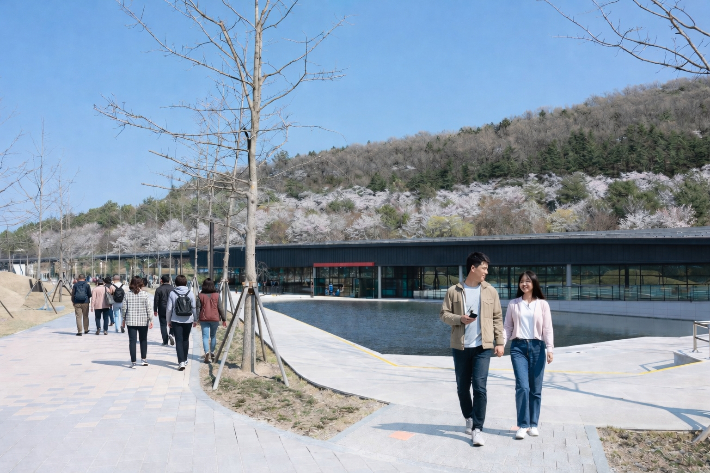 경주 동궁원 '라원' 전경. 관람객들이 야외 정원과 수변 공간을 따라 산책을 즐기고 있다. 경주시 제공
