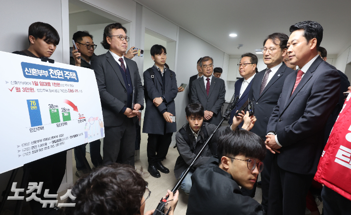 장동혁 국민의힘 대표가 6일 인천 계양구 계산동의 '천원 주택' 현장을 찾아 현황보고를 받고 있다. 황진환 기자