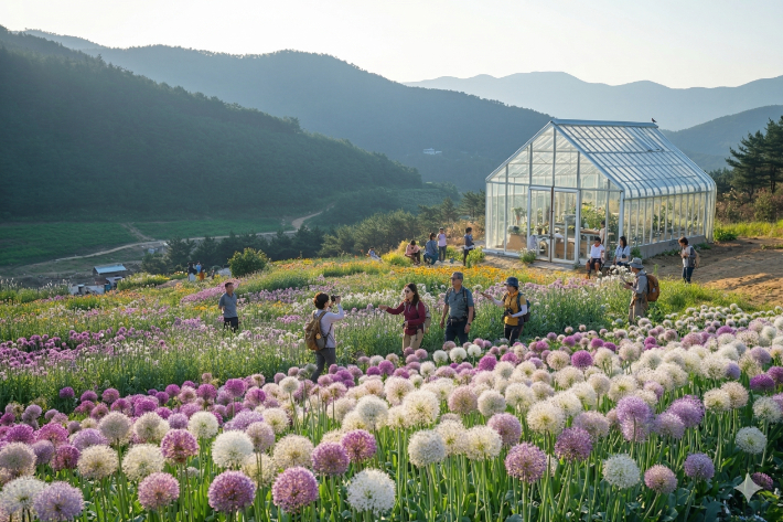봉화 위토피아가든에서 꽃구명하며 사진을 찍는 사람들. 공사 제공