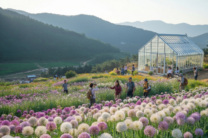 봉화 위토피아가든에서 꽃구명하며 사진을 찍는 사람들. 공사 제공