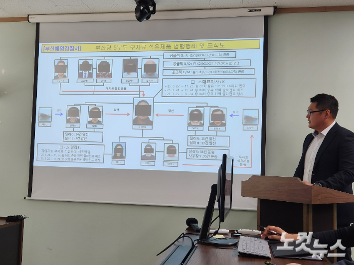 7일 오전 부산해양경찰서에서 열린 무자료 석유 불법 유통 사건 브리핑에서 범행 모식도를 설명하고 있다. 정혜린 기자