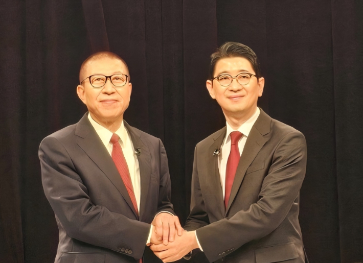 7일 국민의힘 부산시장 후보 경선 마지막 3차 토론회에 나선 박형준 시장(왼쪽)과 주진우 의원. 주진우 의원 캠프 제공