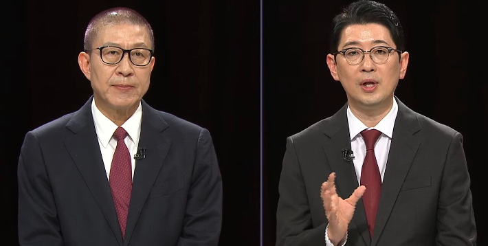 7일 국민의힘 부산시장 후보 경선 마지막 3차 토론회 중인 박형준 시장(왼쪽)과 주진우 의원. 국민의힘tv 캡처