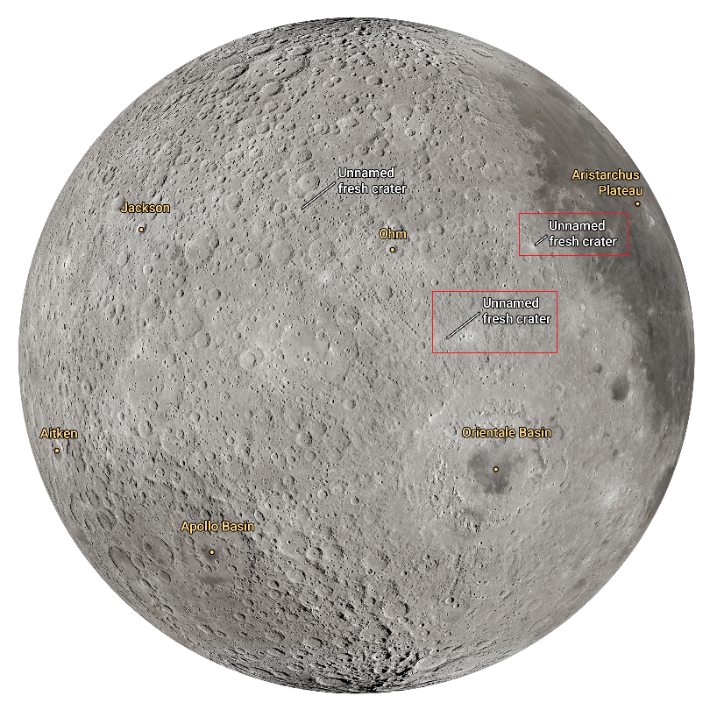 아르테미스 II 우주비행사들이 이름을 제안한 달의 새로운 크레이터 위치. 달의 가장자리에 위치한 오리엔탈레 분지(Orientale Basin)를 기준으로 북서쪽에 위치한 이름없는 크레이터(분화구)와 이 크레이터의 북동쪽에 위치한 이름없는 크레이터가 그 대상이다. NASA
