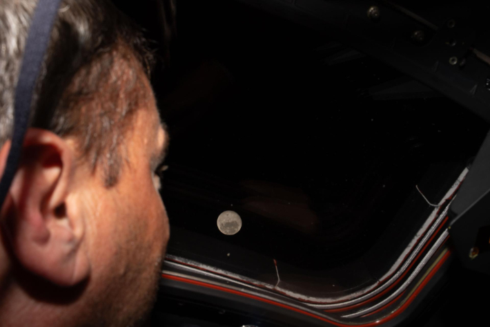 사령관 리드 와이즈먼이 오리온 우주선 창문 너머에 있는 달을 바라보는 모습. NASA