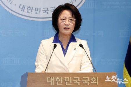 더불어민주당 경기도지사 후보로 확정된 추미애 의원이 8일 서울 여의도 국회 소통관에서 현안 관련 기자회견을 하고 있다.