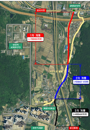 지방도 904호선 광명~화천 연결도로 1·2·3차 단계별 개통 구간을 표시한 노선도.경주시 제공