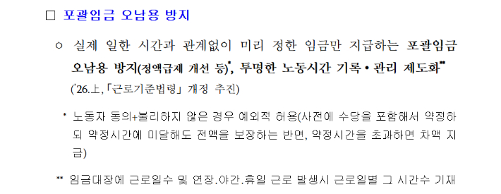 지난해 12월 30일 실노동시간단축로드맵 추진단이 제시한 '실노동시간 단축 로드맵' 추진 과제 중 '포괄임금 오남용 방지' 관련 내용. 실노동시간단축로드맵 추진단 제공