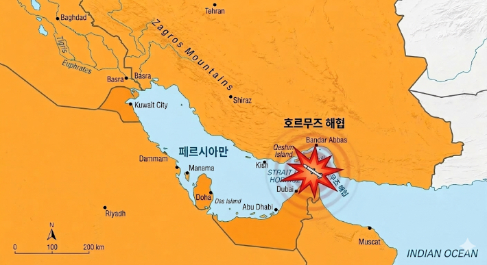호르무즈 해협 인근 지도. AI 생성 이미지