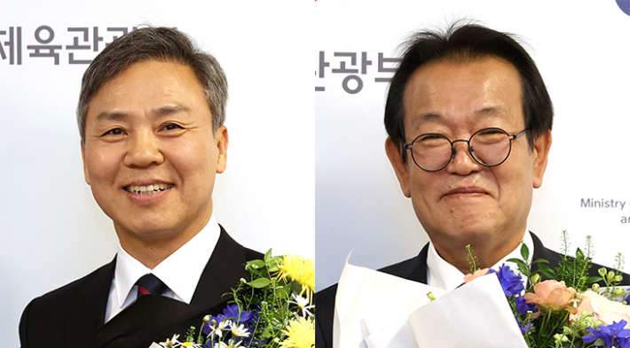 김승수 신임 한국출판문화산업진흥원 원장, 전우용 신임 세종학당재단 이사장. 문체부 제공