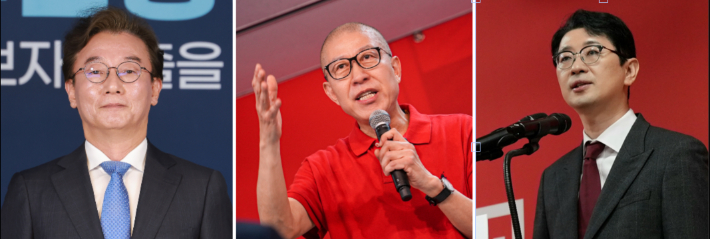 더불어민주당 부산시장 후보로 확정된  전재수 의원, 국민의힘 시장 후보 경선 중인 박형준 시장과 주진우 의원. 각 캠프 제공