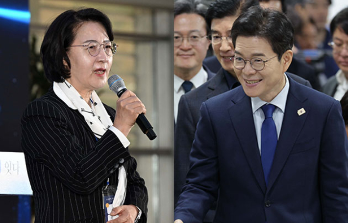 더불어민주당 추미애 경기도지사후보(왼쪽)와 정원오 서울시장 후보. 연합뉴스 