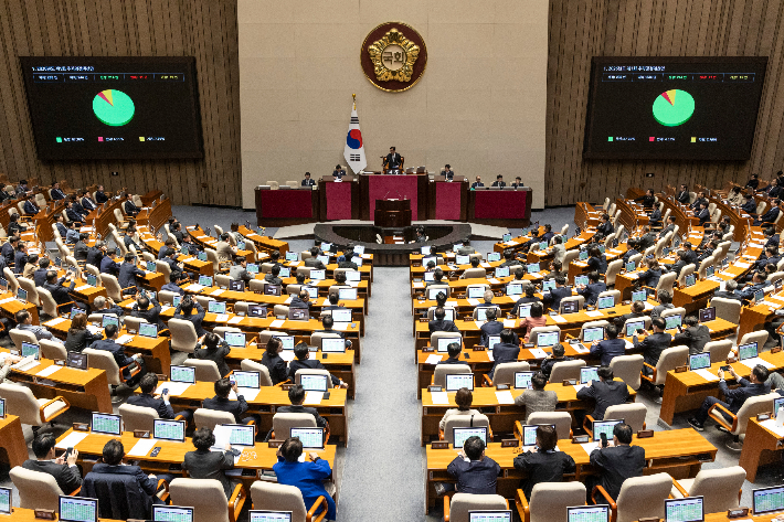 10일 국회에서 열린 본회의에서 정부가 제출한 '26.2조' 규모의 추가경정예산이 통과되고 있다. 연합뉴스