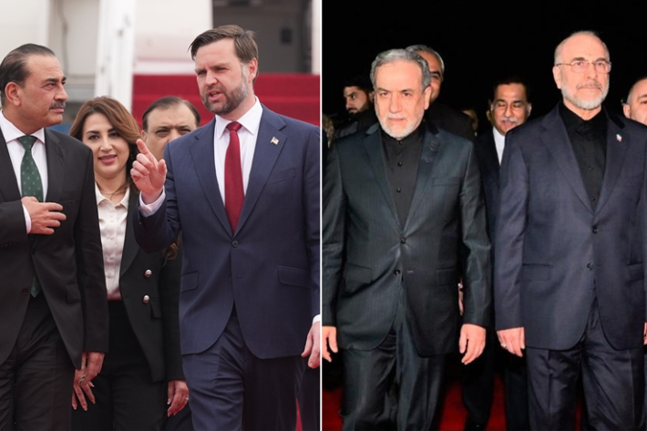 미국 대표단(왼쪽)과 이란 대표단. 연합뉴스