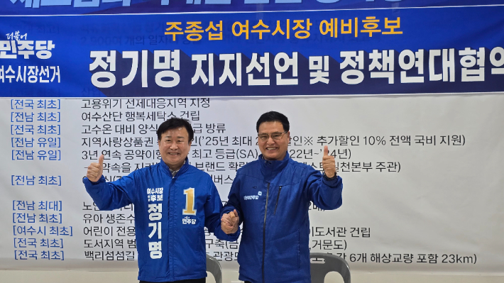 더불어민주당 정기명(왼쪽) 여수시장 예비후보와 주종섭 예비후보가 포츠를 취하고 있다. 정기명 선거캠프 제공