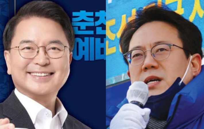 6.3 지방선거 더불어민주당 춘천시장 경선에서 탈락한 원선희 전 후보(사진 오른쪽)가 육동한 후보와의 정책 연대를 선언했다. 육동한 후보 제공·진유정 기자