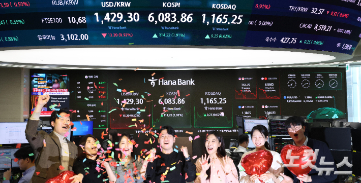 코스피가 종가 기준 사상 처음 6천선을 돌파하고 서울 중구 하나은행 본점 딜링룸에서 직원들이 축하 세리머니를 하고 있다. 박종민 기자