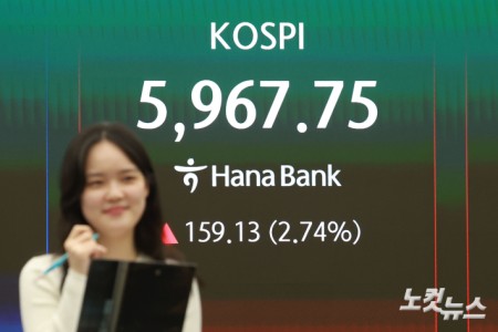 미국과 이란의 협상 재개 기대감에 코스피가 상승 마감한 14일 서울 중구 하나은행 딜링룸 현황판에 종가가 나오고 있다. 장중에는 6000선을 다시 넘어서기도 했다.