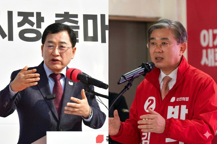 국민의힘 경주시장 경선에 나선 주낙영 예비후보와 박병훈 예비후보. 문석준 기자 