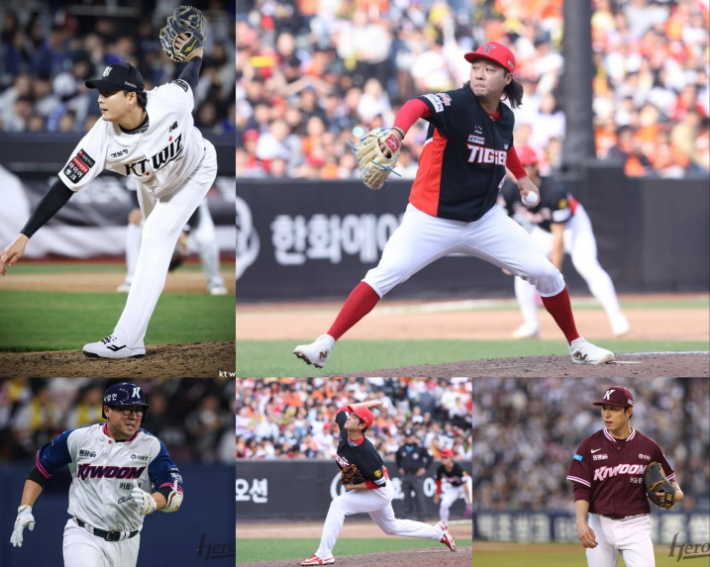사진 위 왼쪽부터 시계 방향으로 kt 한승혁, KIA 김범수, 키움 배동현, KIA 이태양, 키움 안치홍. 각 구단 제공