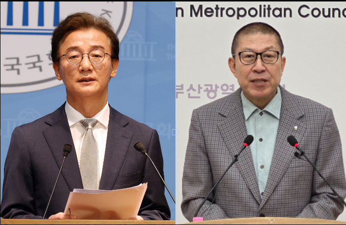 부산시장 후보로 확정된 더불어민주당 전재수 의원과 국민의힘 박형준 시장.  윤찬원 기자, 강민정 기자.