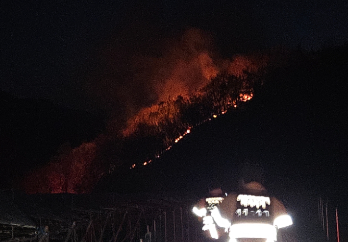 14일 오후 7시 31분쯤 경북 상주시 화서면 사산리의 한 야산에서 농부산물 소각이 원인으로 추정되는 불이 났다. 경북소방본부 제공