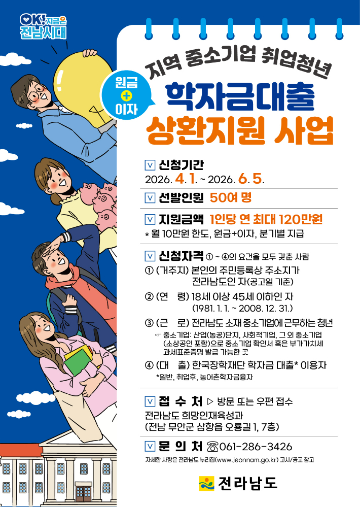 전남도, 중기 취업 청년 학자금대출 지원 지역 정착 유도