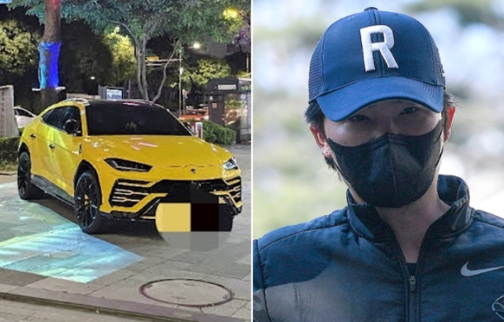 '람보르기니 주차 시비' 차량(왼쪽)과 전 프로야구 선수 오재원씨. 유튜브 캡처·박종민 기자