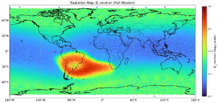 레오도스가 임무 기간 동안 관측한 전 지구 우주방사선(중성자) 전천  지도(적색에 가까울수록 누적 방사선량이 높음). 국제우주정거장(ISS)의 궤도상 관측이  불가능했던 극지방 상공의 방사선 환경을 정밀조사함으로써 전 지구적 관측 공백을  메웠다. 우주항공청 제공