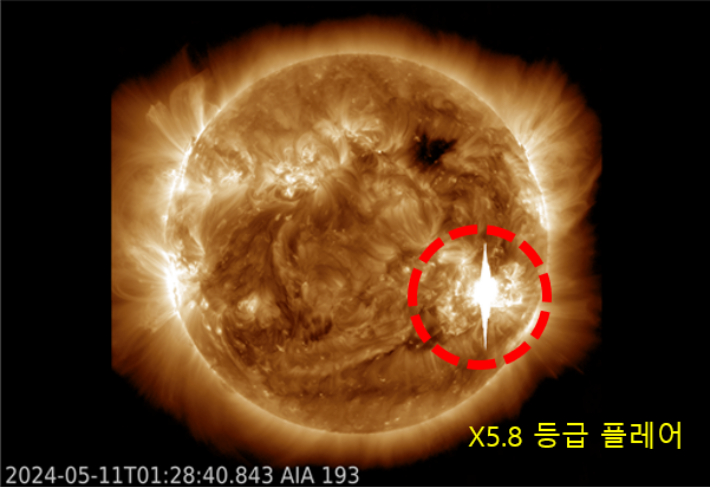 2024년 5월 발생한 'X5.8등급 태양흑점폭발' 관측 결과. 이번 플레어는 가장 높은  등급인 'X 등급'에 속한다. 태양관측위성(SDO)이 포착한 강력한 태양흑점폭발 (플레어) 장면. 우주항공청 제공