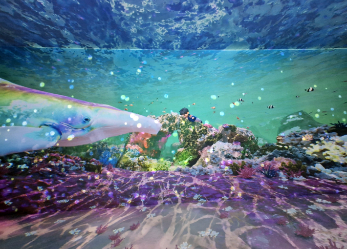 '시간의 터널' 내부에서 바닷속을 형상화한 몰입형 영상 콘텐츠가 구현되고 있다. 경주시 제공