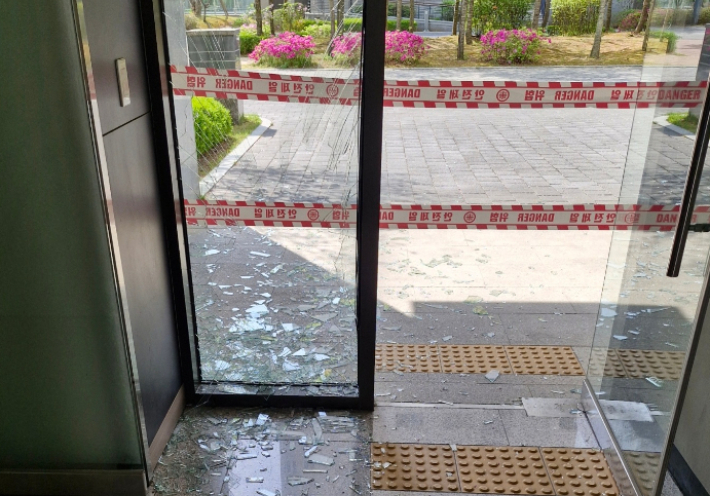 멧돼지가 들이받은 상가 뒤편 유리. 박우경 기자