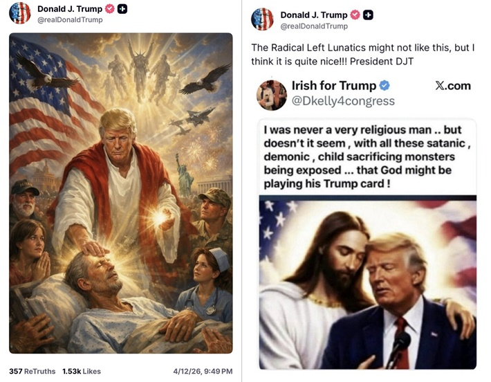 도널드 트럼프 미국 대통령이 자신을 예수로 묘사한 이미지와 예수에 안겨 있는 이미지를 공유해 뭇매를 맞고 있다. 엑스(X･구 트위터) 캡처
