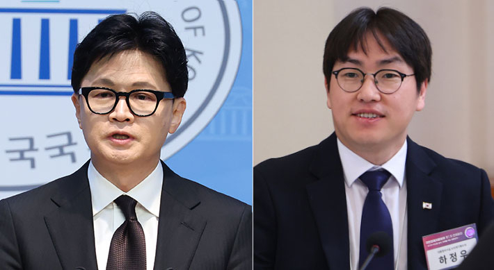 한동훈 전 국민의힘 대표(왼쪽)와 하정우 청와대 AI미래기획수석. 황진환 기자·연합뉴스