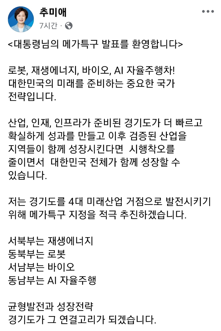 더불어민주당 추미애 경기지사 후보가 16일 페이스북에 올린 글 화면 캡처