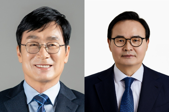 민주당 이장섭 청주시장 후보·맹정섭 충주시장 후보. 충청북도선거관리위원회 제공