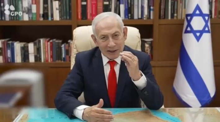 영상 메시지 발표하는 베냐민 네타냐후 이스라엘 총리. 이스라엘 총리실 제공