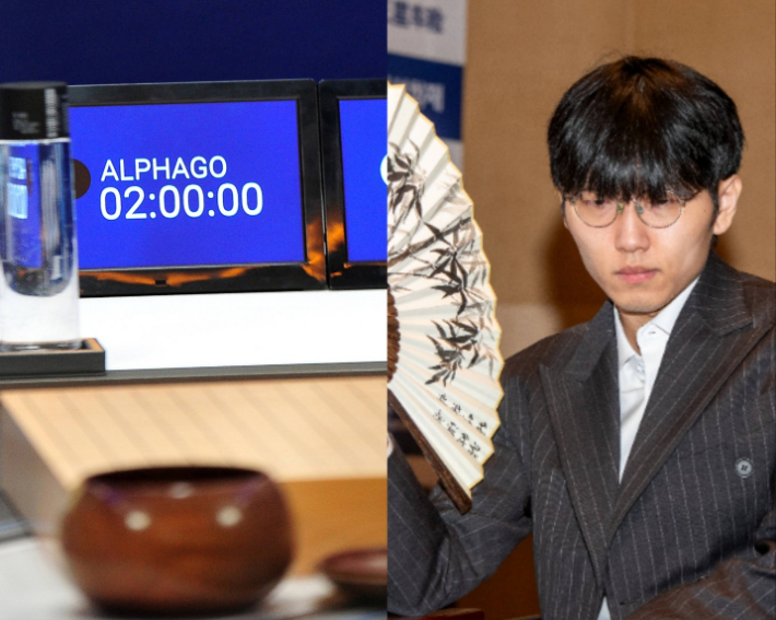 지난 2016년 3월 9일 서울 종로구 포시즌스 호텔 특설 대국장에 설치된 알파고(사진 왼쪽)의 명판. 오른쪽 사진은 신진서 9단. 이시용 사진작가·한국기원 제공