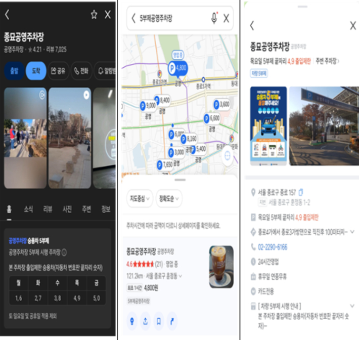 네이버, 카카오, 티맵 공영주차장 5부제 시행 안내 예시 화면. 기후에너지환경부 제공