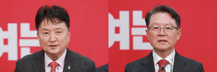 사진은 지난달 11일 서울 영등포구 여의도 국민의힘 중앙당사에서 열린 광역단체장 후보 면접을 마친 김 지사와 윤 예비후보. 연합뉴스