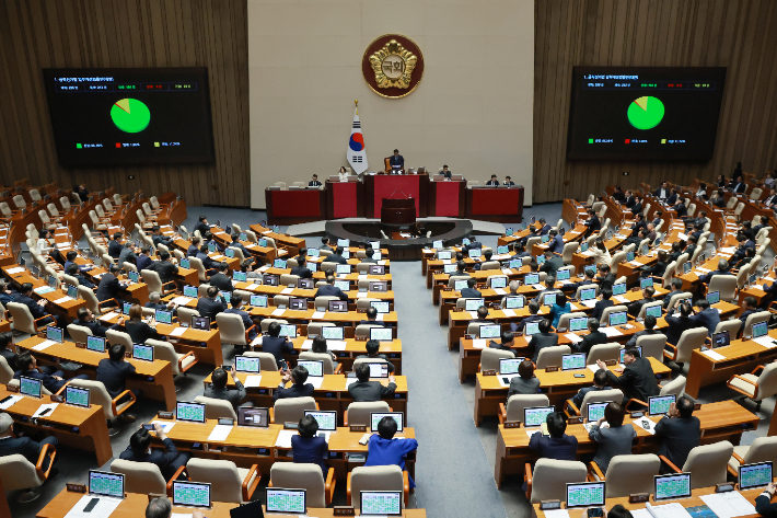 18일 국회에서 열린 4월 임시국회 제6차 본회의에서 공직선거법 일부개정법률안이 통과되고 있다. 연합뉴스