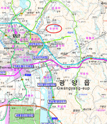 동그라미로 표시된 광양읍 우산리가 제2선거구로 편압된다. 광양시 제공 