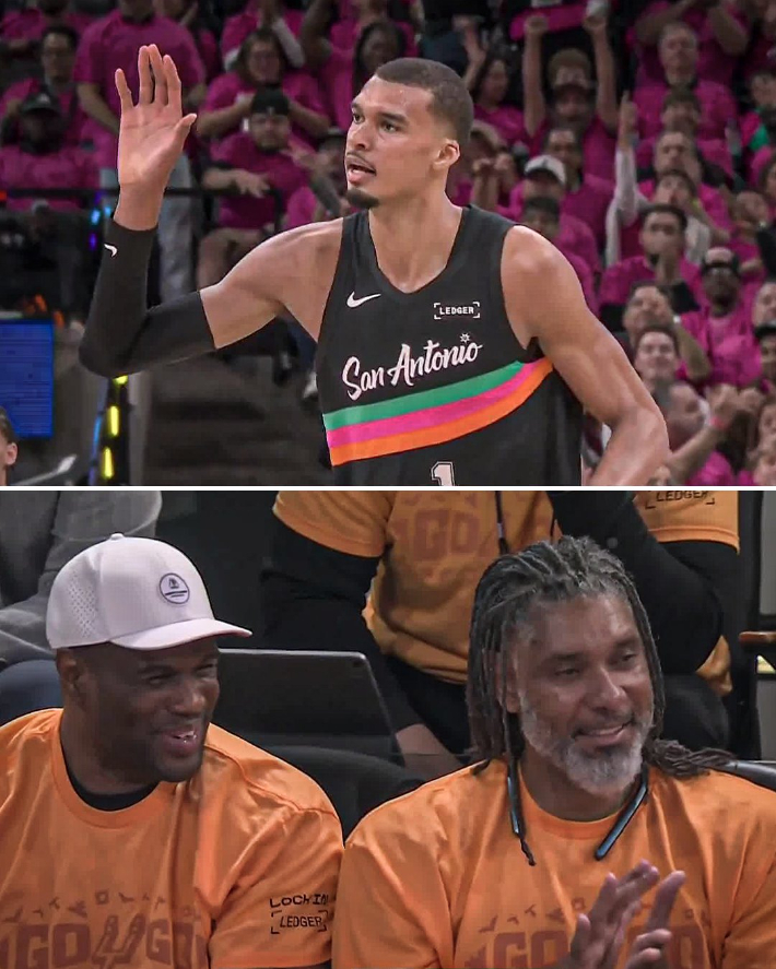 빅터 웸반야마(위)와 샌안토니오 스퍼스의 두 레전드 데이비드 로빈슨(아래 왼쪽), 팀 던컨. ESPN X