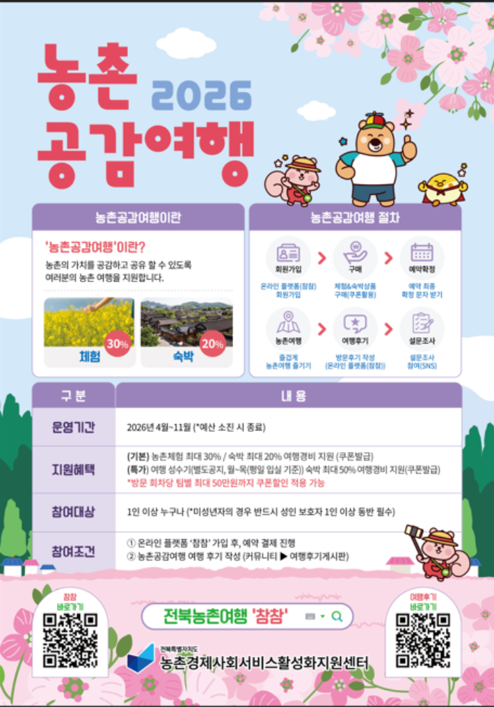 전북도, 농촌공감여행 경비 지원…숙박 최대 50% 할인