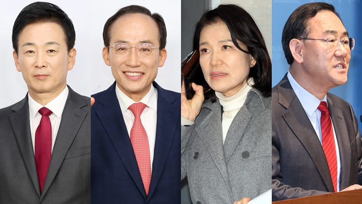 왼쪽부터 국민의힘 유영하·추경호 대구시장 경선 후보, 공천에서 배제된 이진숙 전 방송통신위원장·주호영 국회부의장. 연합뉴스 