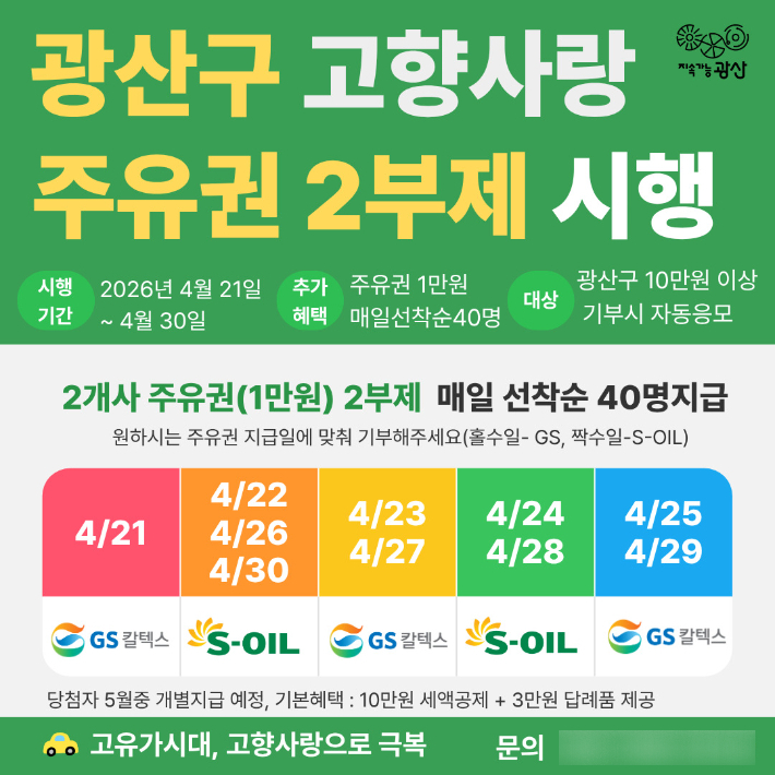 광주 광산구가 고향사랑기부제에 참여한 시민을 대상으로 주유권 지급 행사를 진행한다고 밝혔다. 광주 광산구 제공