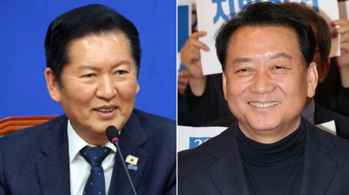  정청래 더불어민주당 대표(왼쪽)·이광재 전 강원지사. 윤창원 기자·연합뉴스