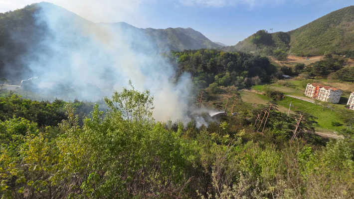 21일 오전 7시 43분쯤 강원 양양군 서면의 한 야산에 산불이 발생해 당국이 진화를 벌이고 있다. 강원소방본부 제공