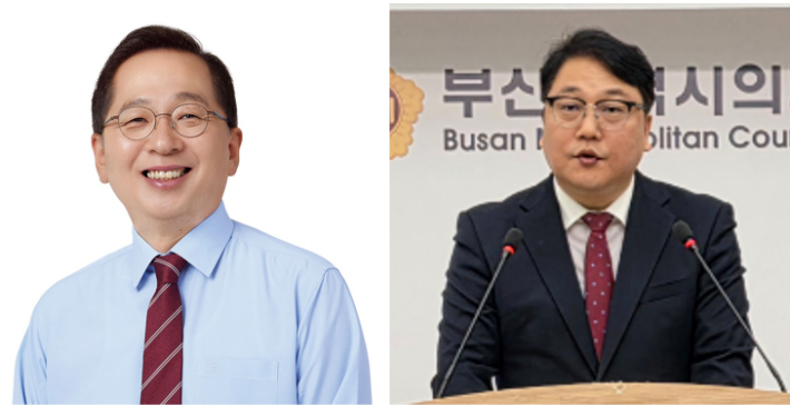 부산 중구청장 공천 과정에서 맞고소전에 나선 조승환 국민의힘 국회의원(왼쪽)과 윤종서 전 부산 중구청장. 조승환 의원 측. 부산시의회 제공